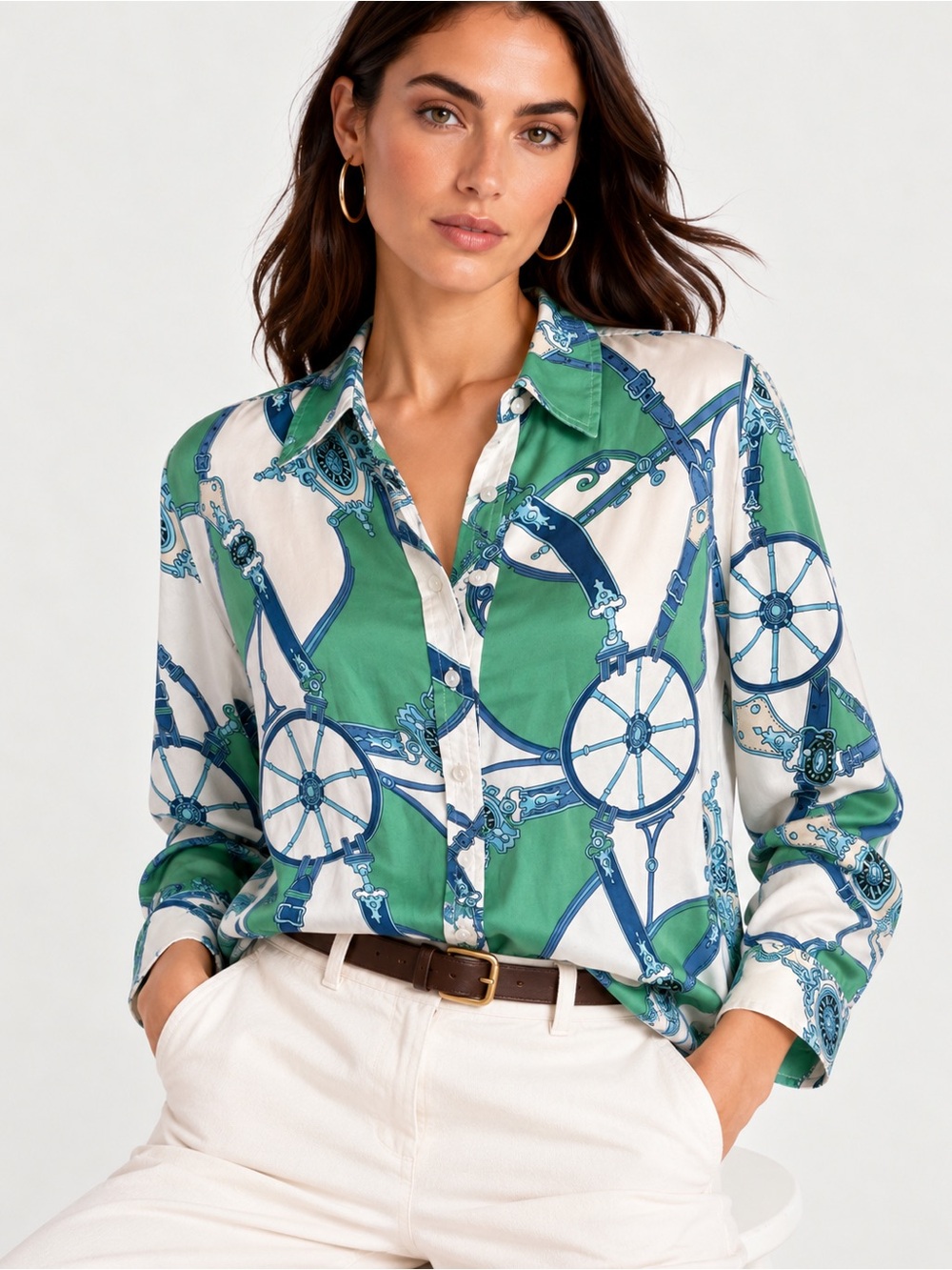 100% Silk Liz Claiborne Equestrian Print Blouse 8P Petite Luxury Scarf Style Y2K